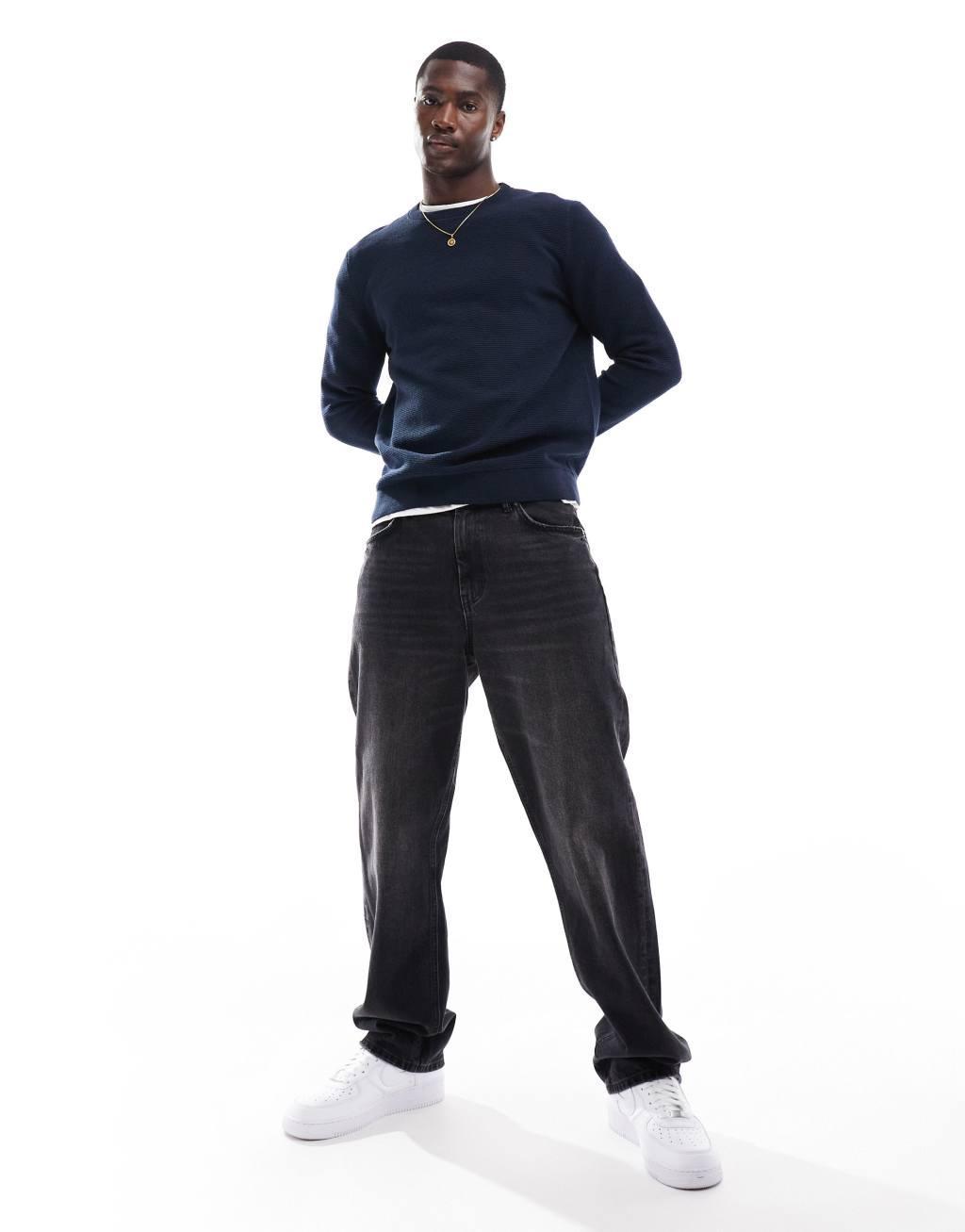 Selected Homme waffle knit sweater in navy Product Image