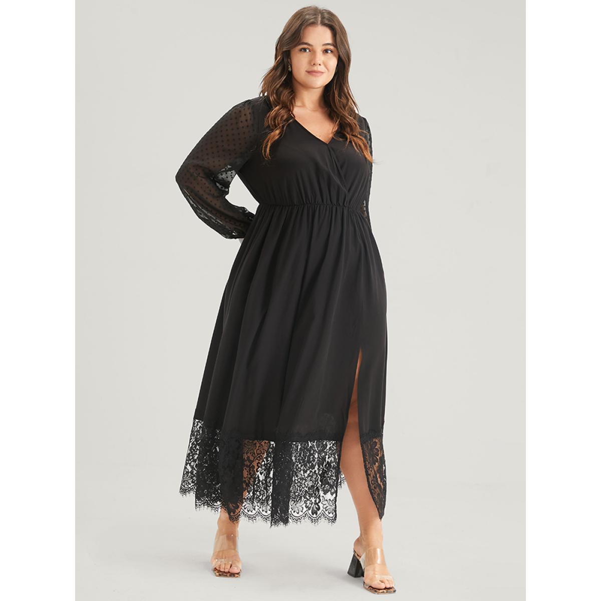 Plus Size Solid Split Eyelet Lace Belted Pocket Button Wrap Maxi Dress Black Women Elegant Lace V-neck Long Sleeve Curvy Long Dress BloomChic 14-16/1X Product Image