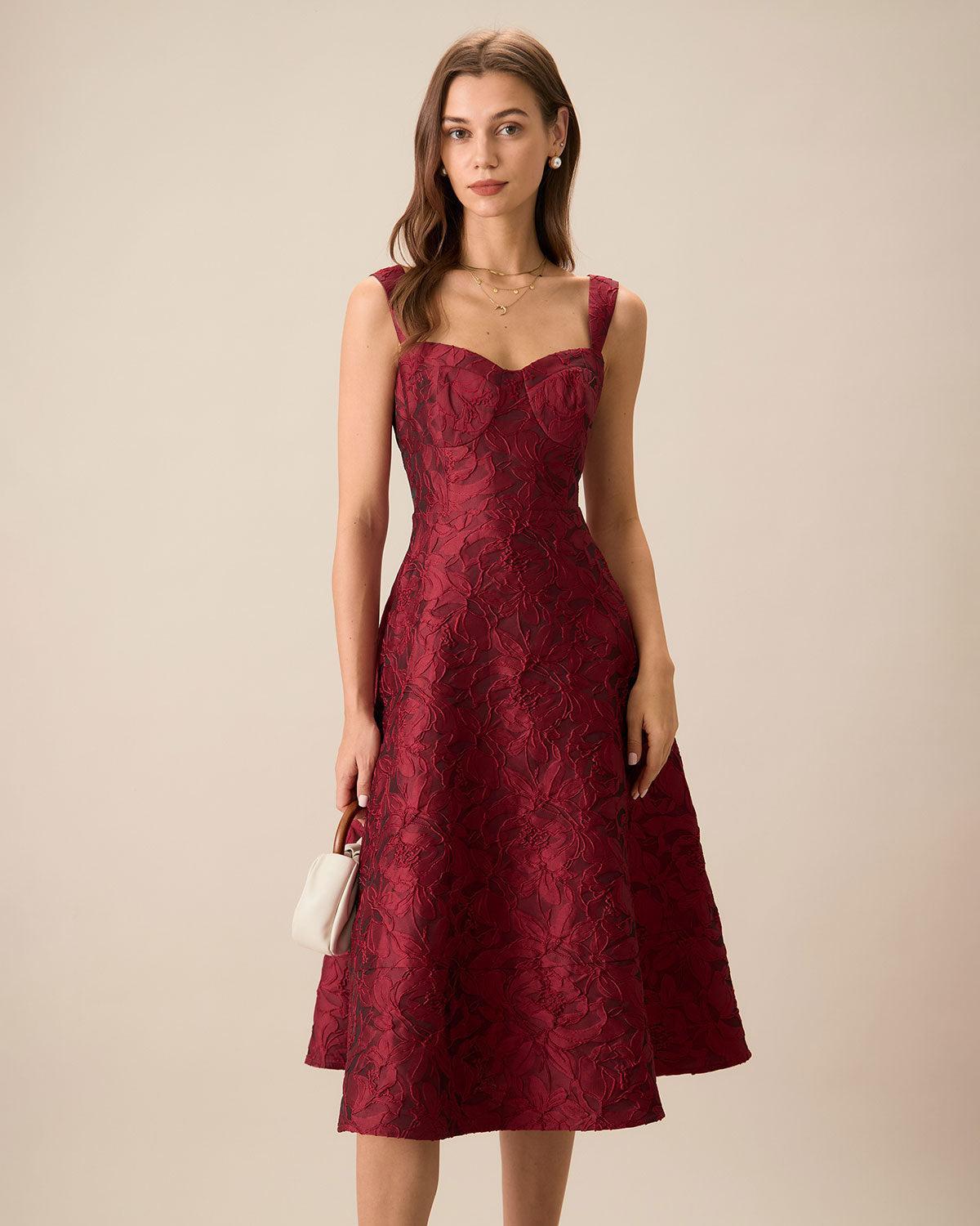 Green Sweetheart Neck Jacquard Midi Dress Product Image