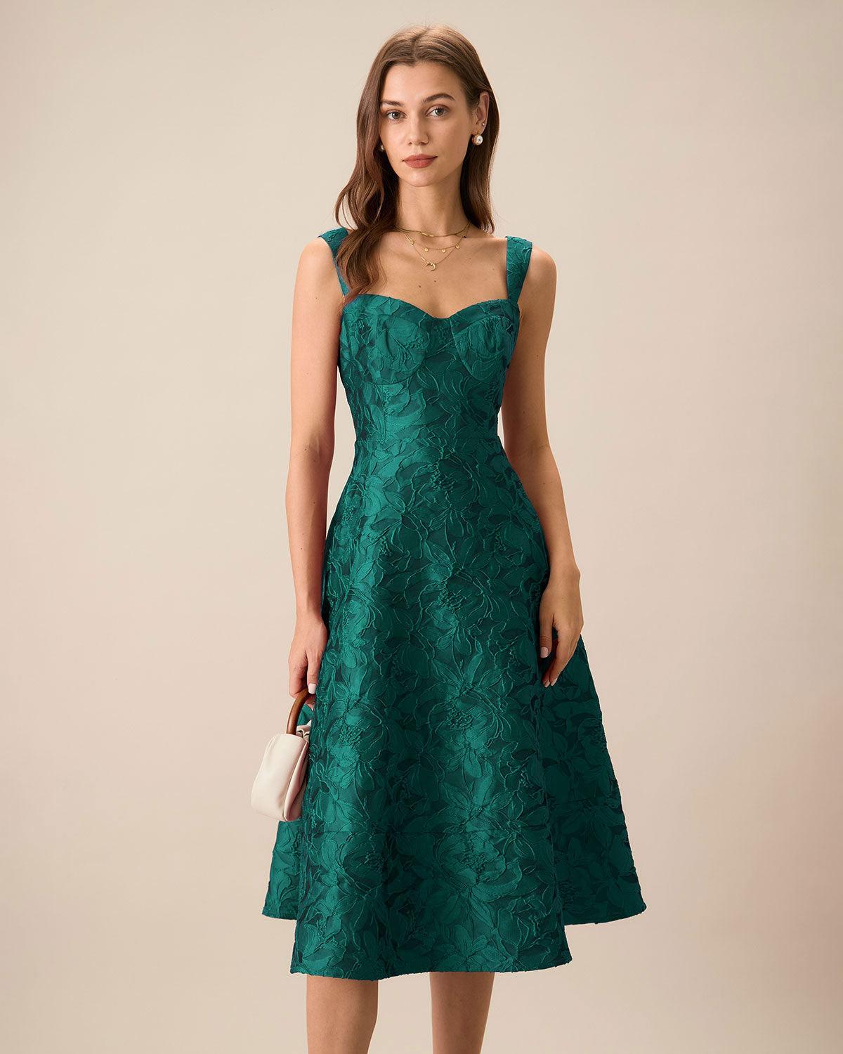 Green Sweetheart Neck Jacquard Midi Dress Product Image
