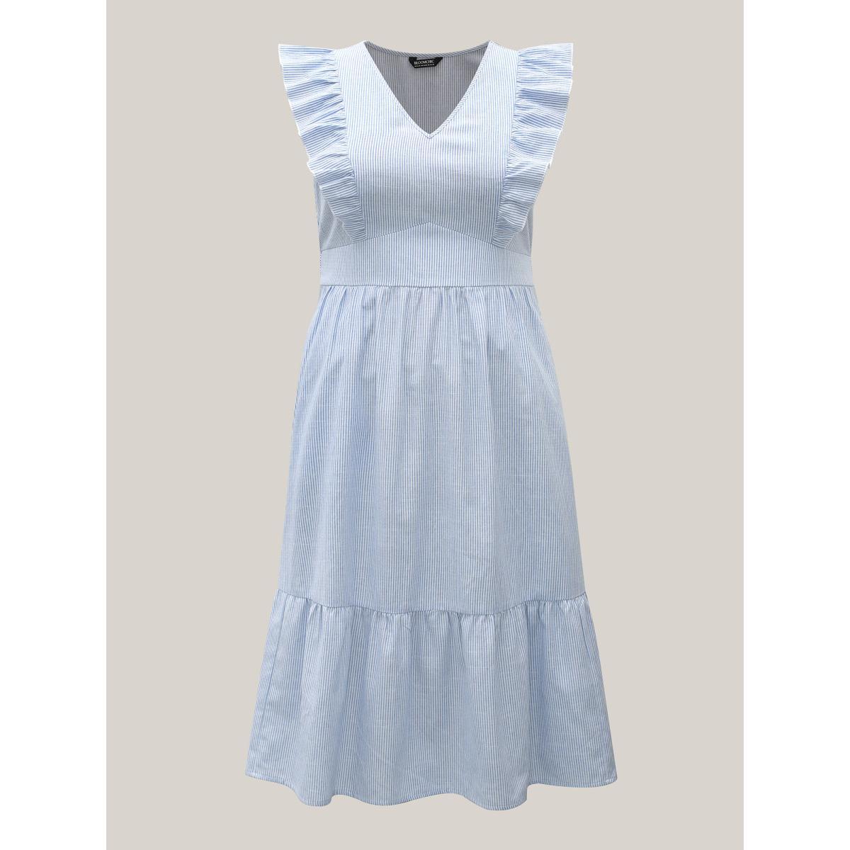 Plus Size Ruffled Striped Print Triangular Waist Midi Dress Skyblue Women Elegant Ruffles V-neck Cap Sleeve Curvy BloomChic 28/5X Product Image