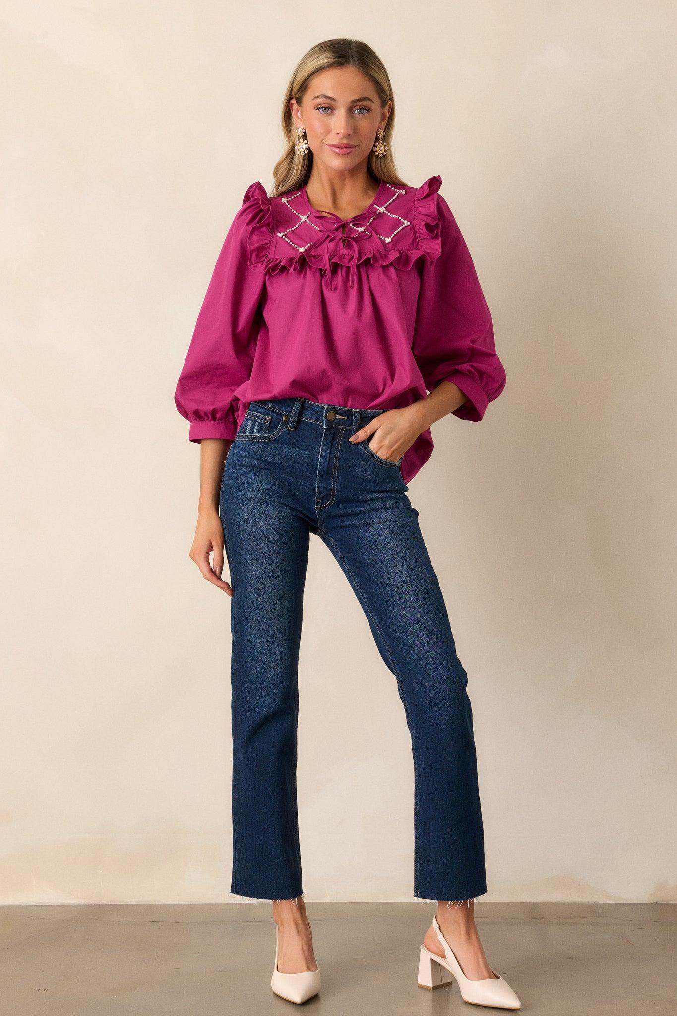 It Happens Dark Fuchsia Ruffle Puff Sleeve Top Product Image