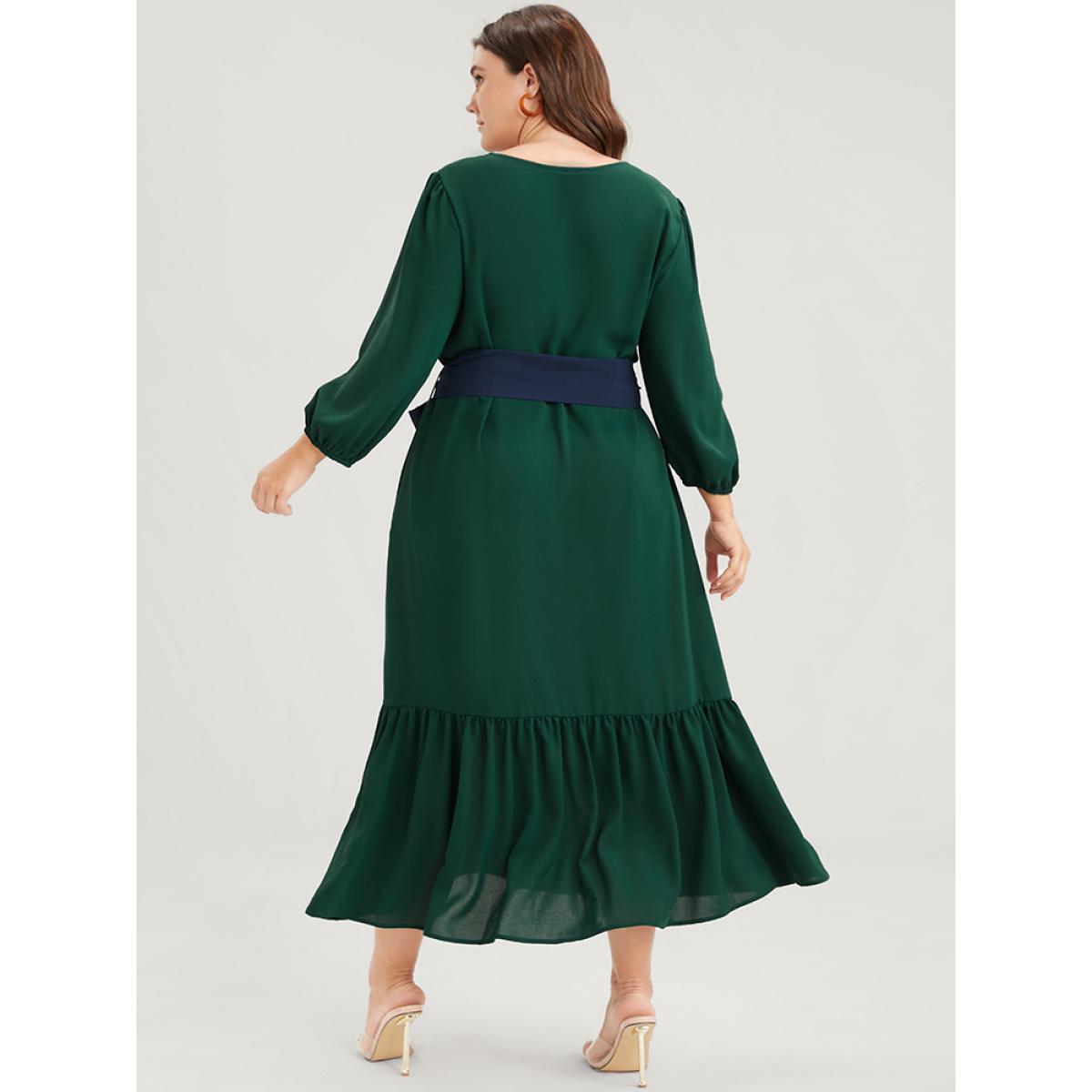 Plus Size Solid Lantern Sleeve Pocket Button Flutter Hem Contrast Belted Dress Green Women Casual Belted V-neck Elbow-length sleeve Curvy Long Dress BloomChic 30/6X Product Image