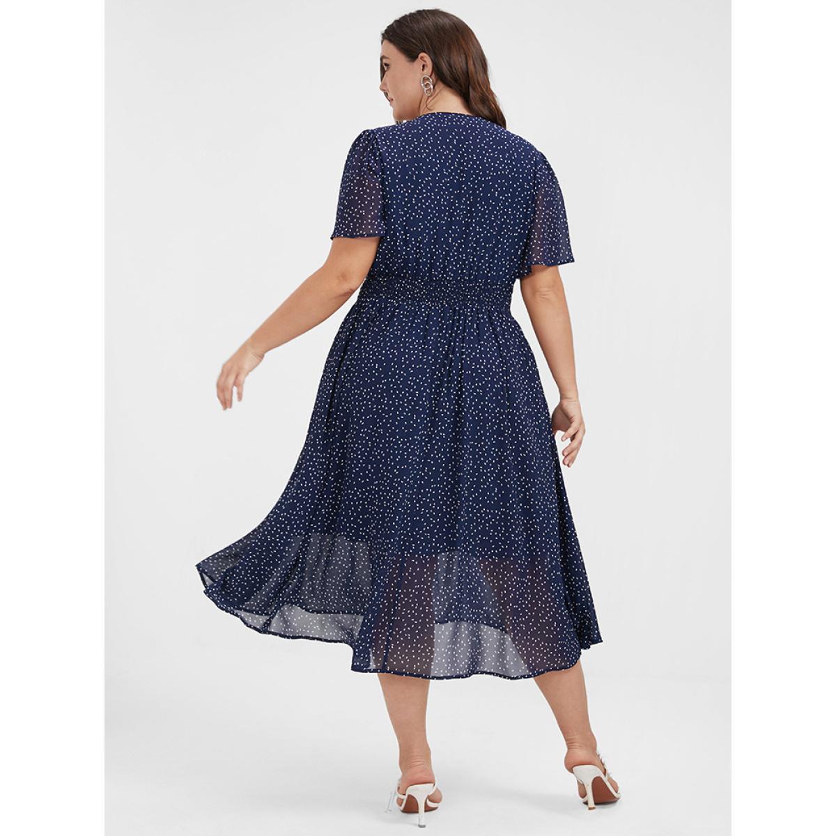 Polka Dot Printed Plus Size Women Midi Dress Dailywear Ruffle Sleeve Short Sleeve V Neck Pocket Elegance Dresses BloomChic Product Image
