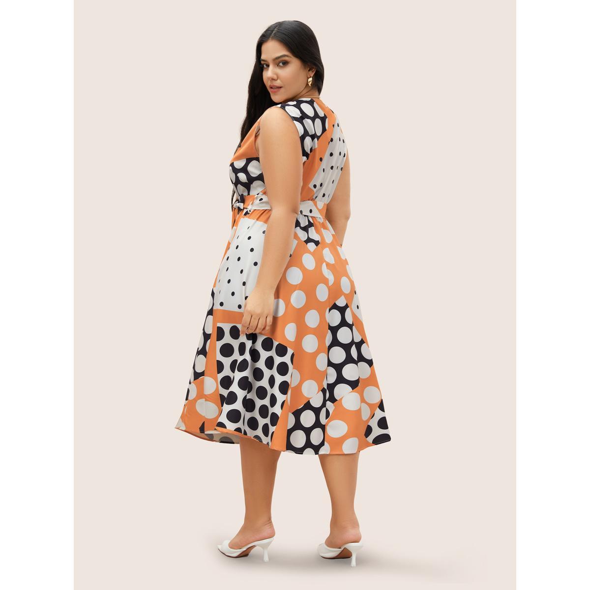 Plus Size Polka Dot Contrast Notched Collar Belted Dress Orange Women At the Office Belted Notched collar Sleeveless Curvy Midi Dress BloomChic 18-20/2X Product Image