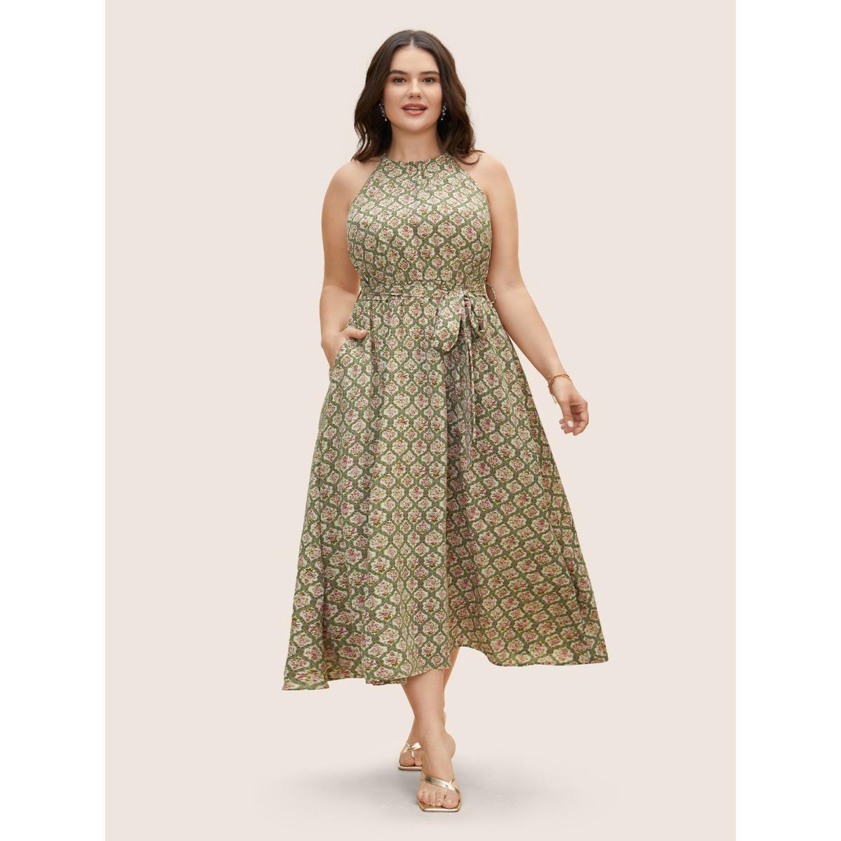 Plus Size Halter Neck Moroccan Print Midi Dress Truegreen Women Elegant Halter neck Sleeveless Curvy BloomChic 10/M Product Image