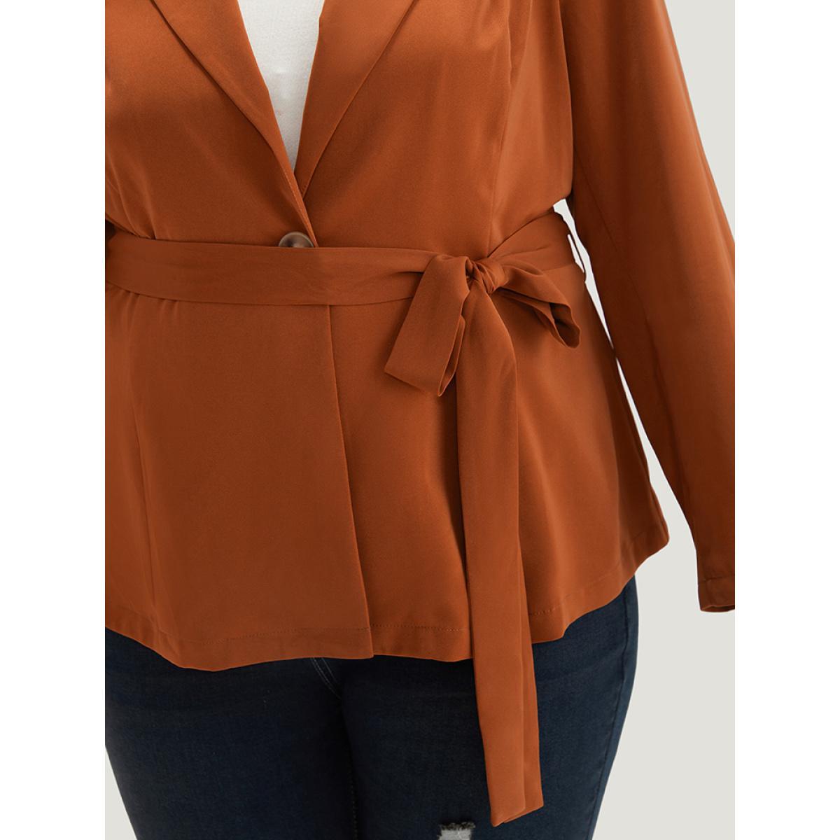 Plus Size Solid Belted Suit Collar Blazer Chocolate Women Dailywear Plain Plain Sleeve Long Sleeve Suit Collar 12/L Belt Casual Blazers BloomChic Product Image