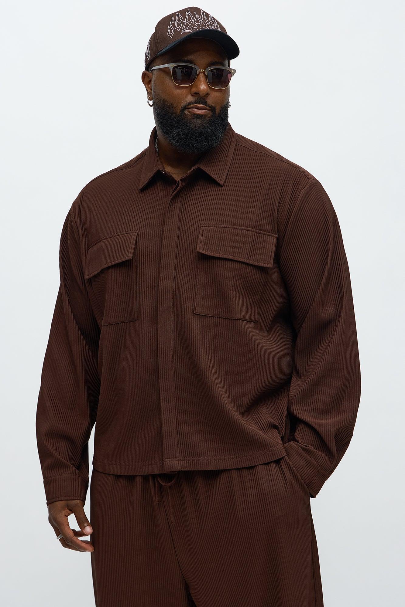 Show Up Cropped Long Sleeve Button Up Shirt - Brown Product Image