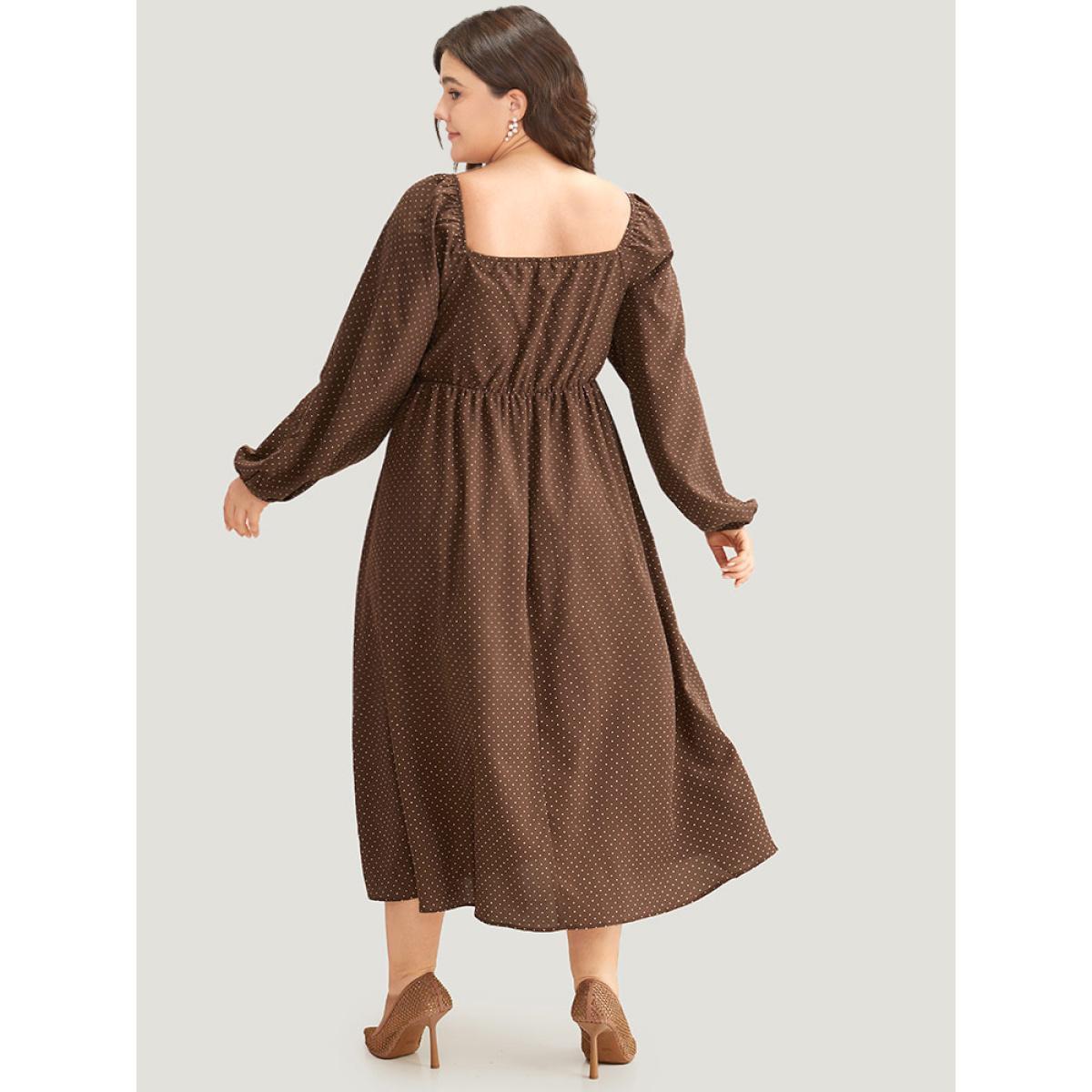 Plus Size Polka Dot Knot Neck Lantern Sleeve Dress DarkBrown Women Elegant Elastic cuffs Tie Neck Long Sleeve Curvy Midi Dress BloomChic 30/6X Product Image