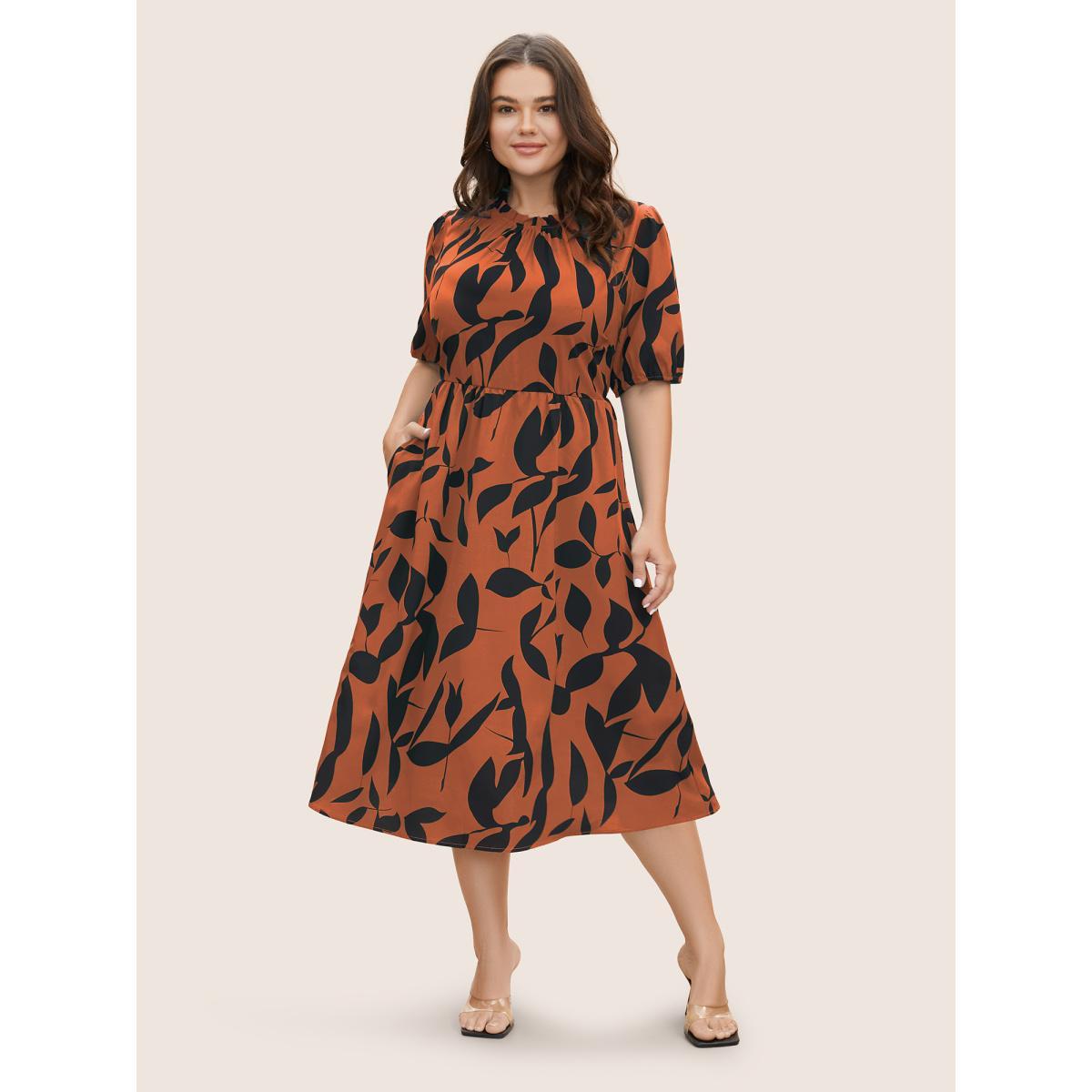 Plus Size Silhouette Floral Print Mock Neck Midi Dress Coral Women Elegant Gathered Mock Neck Short sleeve Curvy BloomChic 12/L Product Image