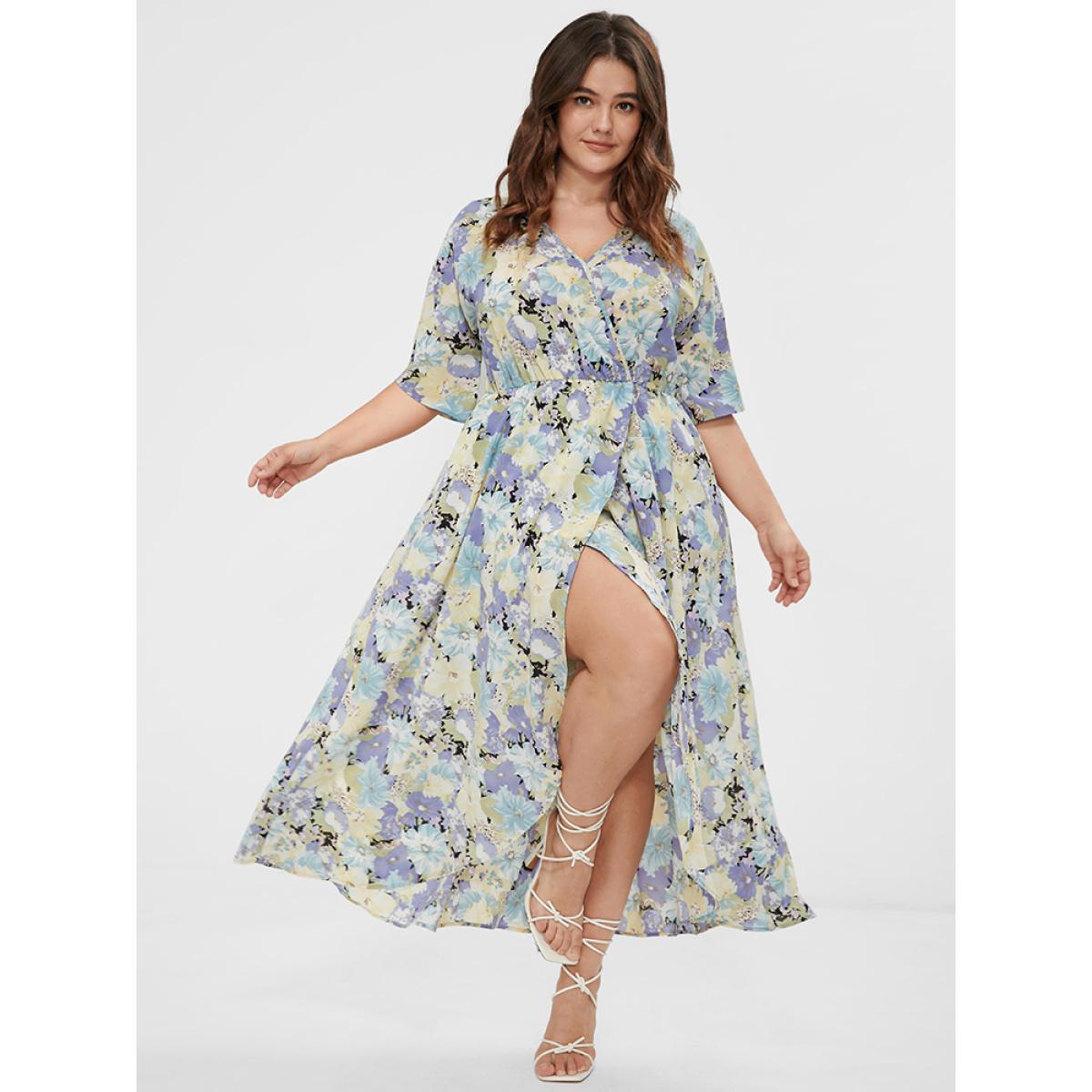 Plus Size Floral Split Pocket Button Detail Wrap Maxi Dress Purple Women Dating Wrap V-neck Short sleeve Curvy Midi Dress BloomChic 18-20/2X Product Image