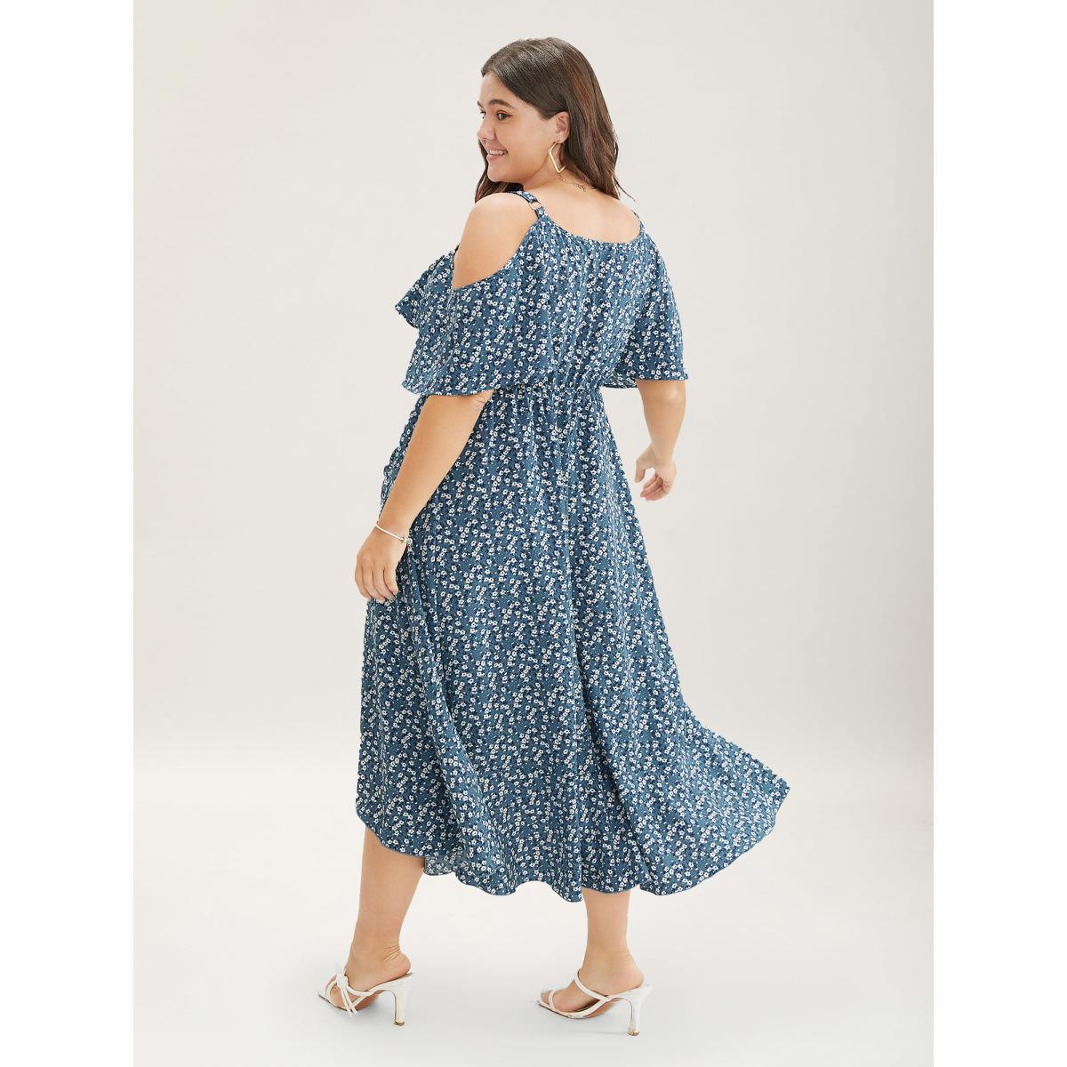 Plus Size Ditsy Floral Pocket Wrap Cold Shoulder Ruffle Dress Stone Women Elegant Non Overlap Collar Short sleeve Curvy Midi Dress BloomChic 30/6X Product Image