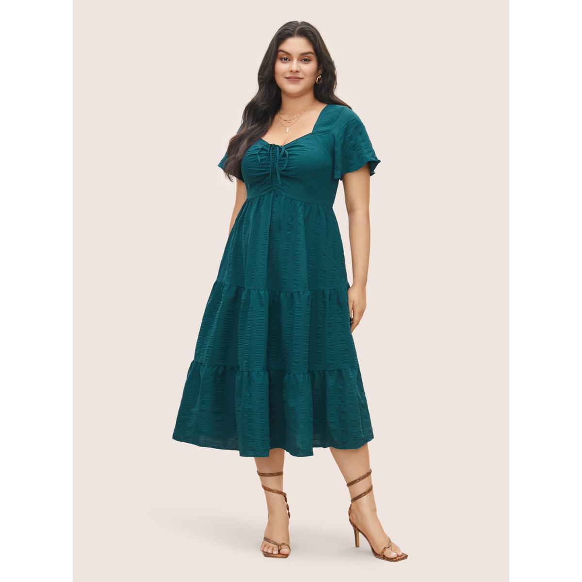 Plus Size Plain Ruched Drawstring Pocket Ruffle Tiered Dress DarkGreen Women Elegant Non V-neck Short sleeve Curvy Midi Dress BloomChic 30/6X Product Image