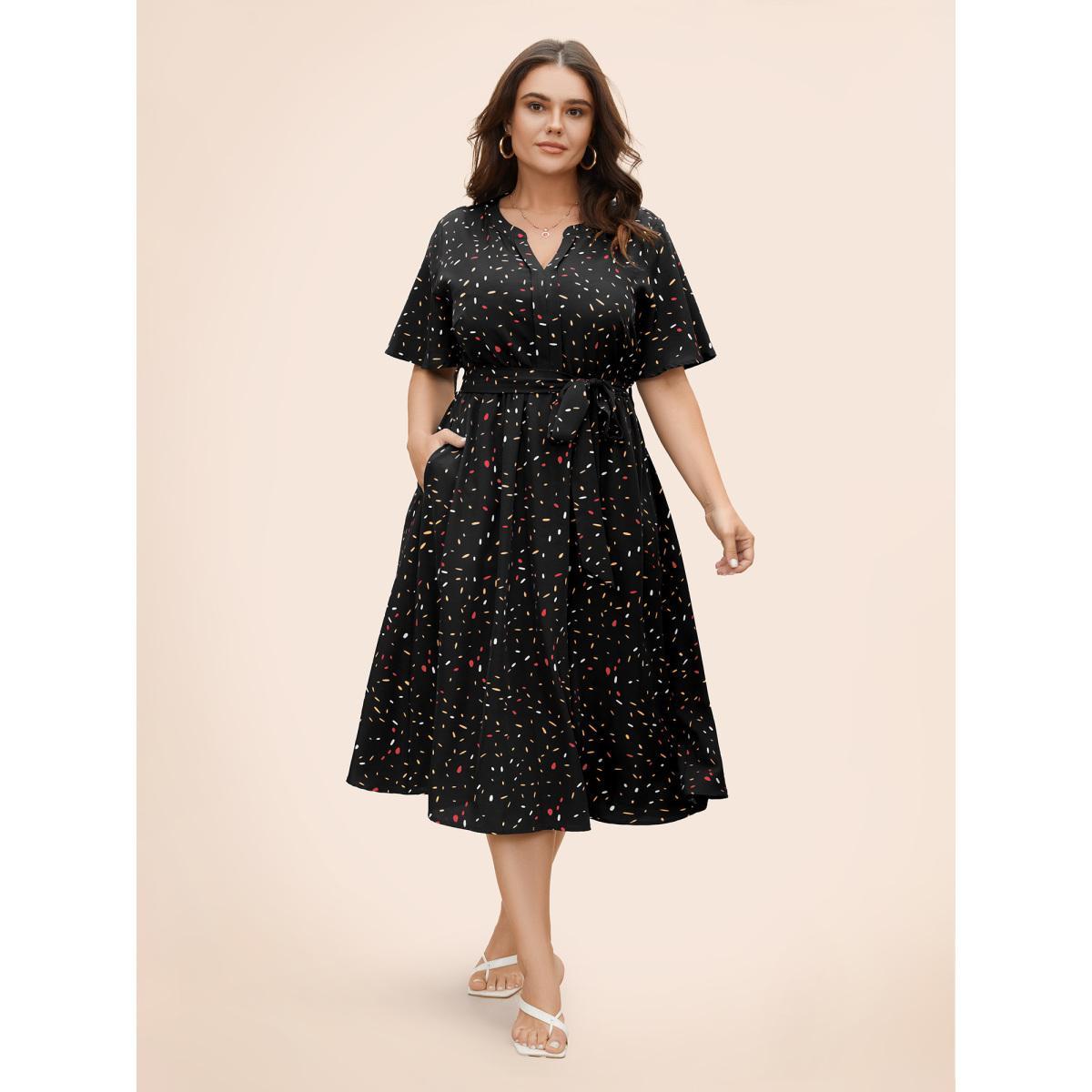Plus Size Split Neck Confetti Print Midi Dress Black Women Elegant Belted Notched collar Short sleeve Curvy BloomChic 18-20/2X Product Image
