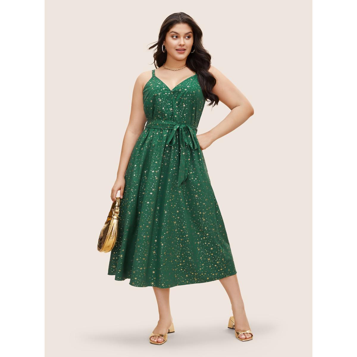 Plus Size Overlap Collar Glitter Star Belted Cami Dress DarkGreen Women Formal Belted Overlap Collar Sleeveless Curvy BloomChic 30/6X Product Image