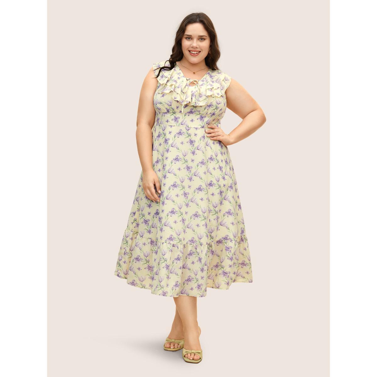 Plus Size Floral Ruffles Shirred Sleeveless Midi Dress Apricot Women Elegant Cross straps V-neck Sleeveless Curvy BloomChic 26/4X Product Image