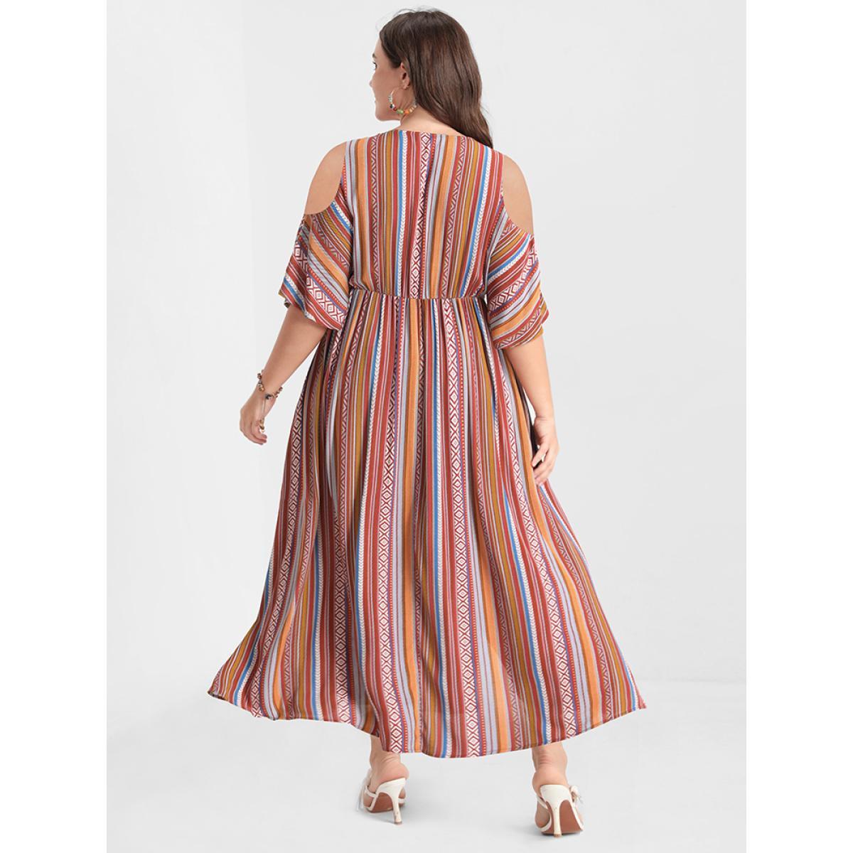 Plus Size Bandana Ruffles Button Pocket Cold Shoulder Maxi Dress Multicolor Women Vacation Gathered Cold Shoulder Short sleeve Curvy Long Dress BloomChic 30/6X Product Image
