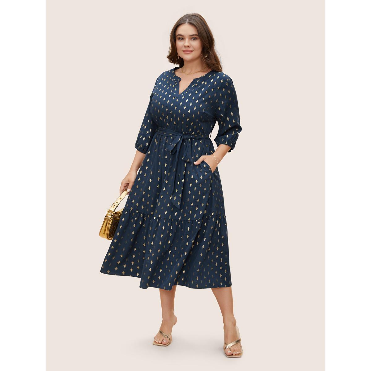 Plus Size Glitter Notched Lantern Sleeve Midi Dress Burgundy Women Formal Gathered Notched collar Elbow-length sleeve Curvy BloomChic 22-24/3X Product Image