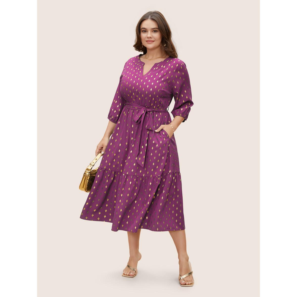 Plus Size Glitter Notched Lantern Sleeve Midi Dress Deeppurplered Women Formal Gathered Notched collar Elbow-length sleeve Curvy BloomChic 12/L Product Image