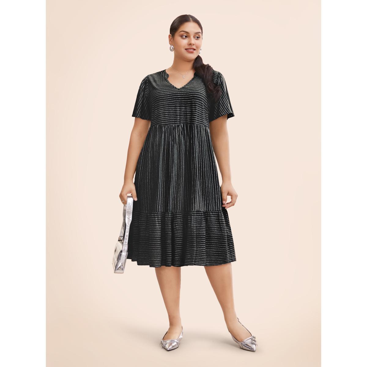 Plus Size Striped Patchwork Notched Flutter Layered Babydoll Dress Black Women Office Gathered Notched collar Short sleeve Curvy Midi Dress BloomChic 18-20/2X Product Image