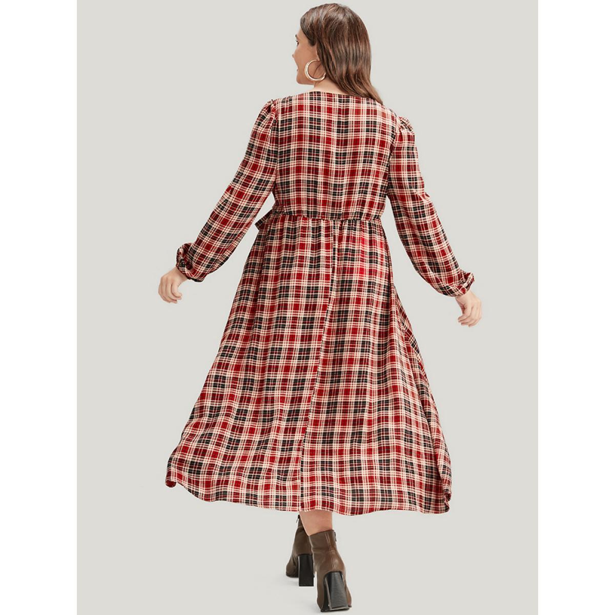 Plus Size Tartan Wrap Lantern Sleeve Pocket Knotted Split Dress Maroon Women Elegant Knotted V-neck Long Sleeve Curvy Midi Dress BloomChic 28/5X Product Image