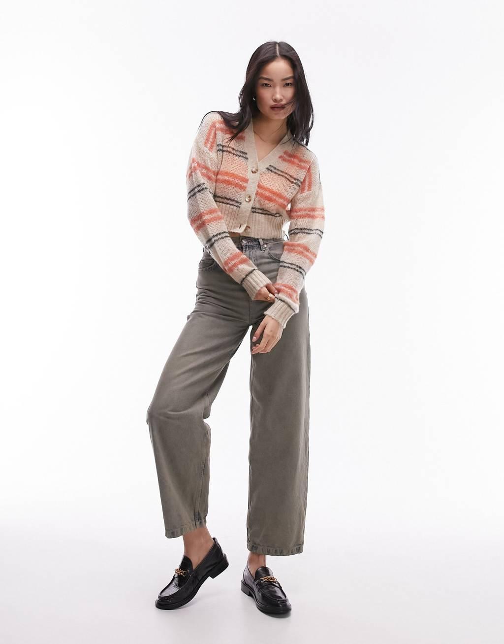 Topshop knitted stripe sheer knit cardigan Product Image