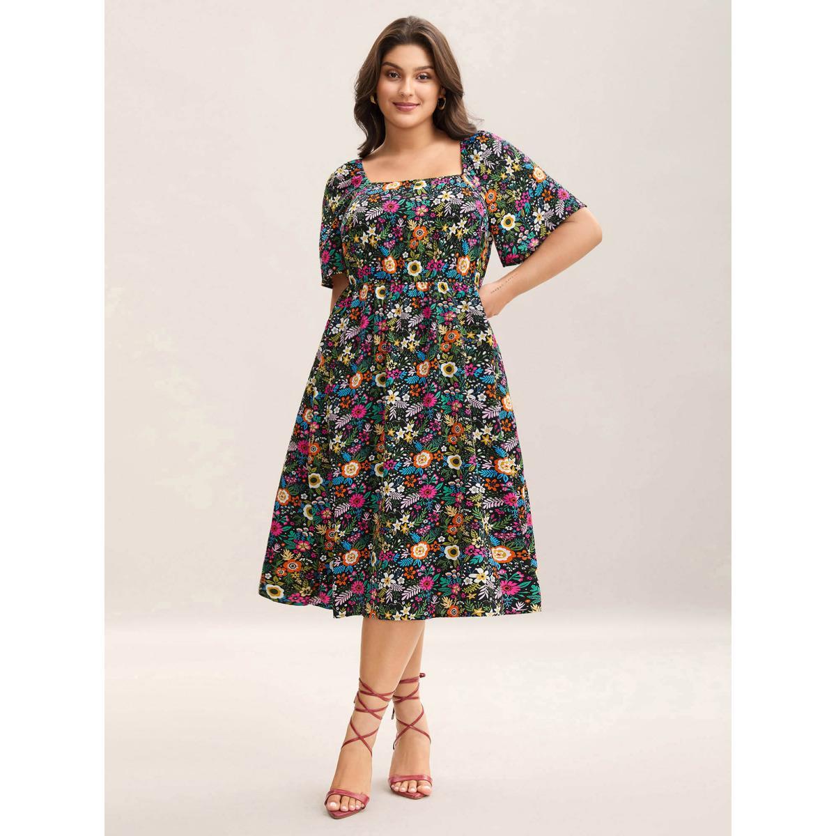 Plus Size Bold Floral Print Pockets Midi Dress Black Women Elegant Square Neck Short sleeve Curvy BloomChic 12/L Product Image