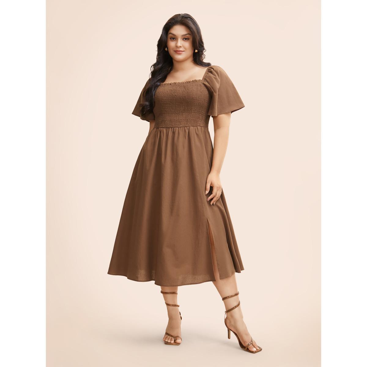 Plus Size Cotton Square Neck Shirred Ruffle Sleeve Split Hem Dress Browncoffeecolor Women Casual Gathered Square Neck Short sleeve Curvy BloomChic 14-16/1X Product Image