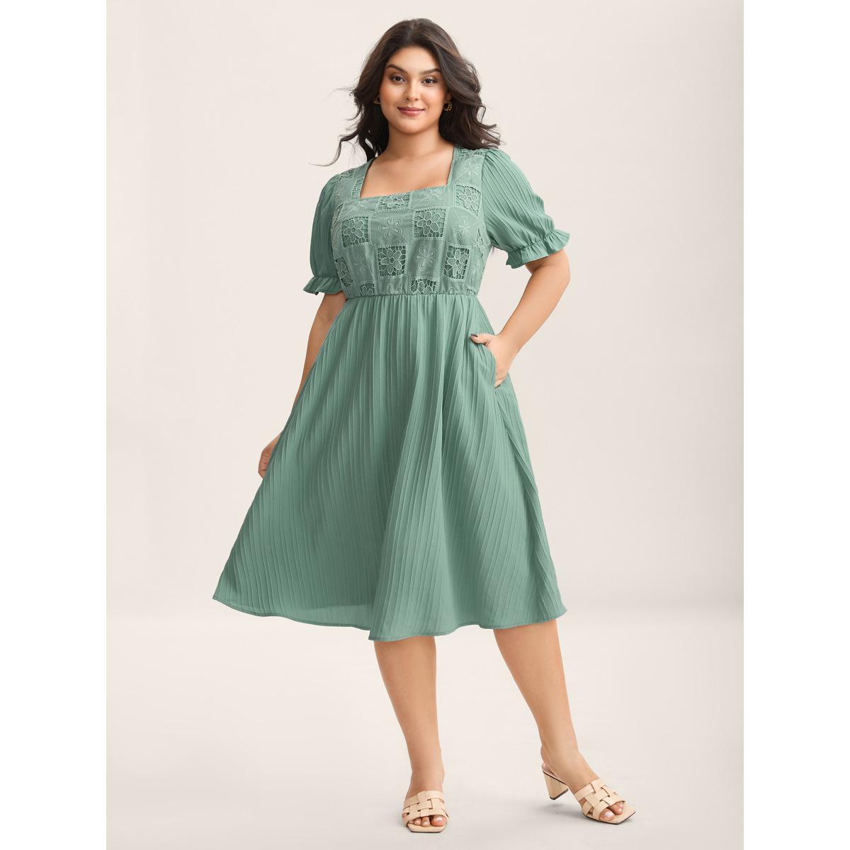 Plus Size Lace Cut-Out Pockets Midi Dress Aquamarine Women Square Neck Short sleeve Curvy BloomChic 22-24/3X Product Image