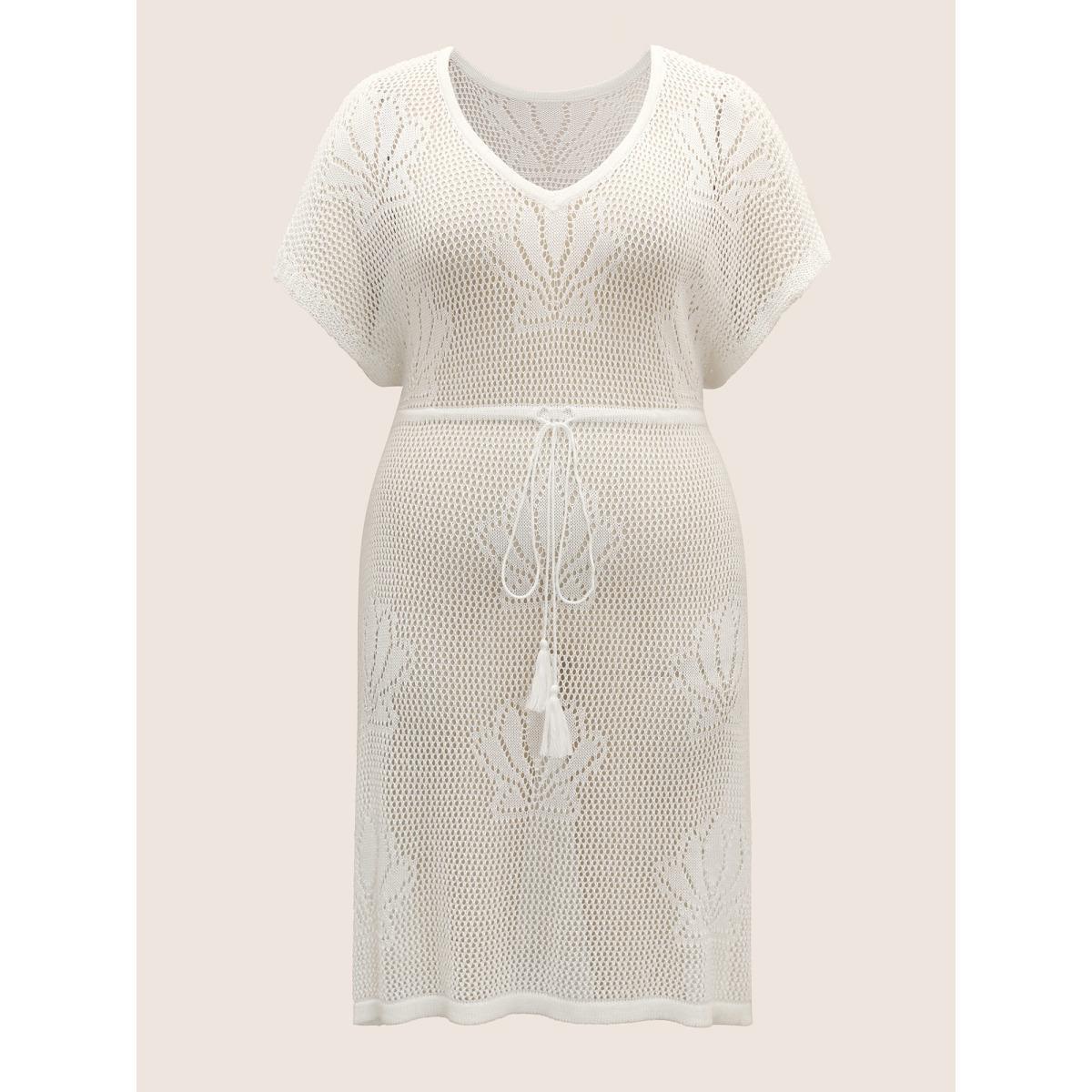 Plus Size Shell Cut Out Tassel Trim Swim Cover Up Women's Swimwear Ivory Beach Loose Texture Curve Swim Cover Ups BloomChic 28/5X Product Image