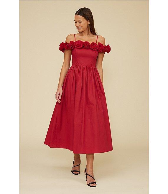 Lucy Paris Marbella Off-The-Shoulder Rosette Midi Dress Product Image