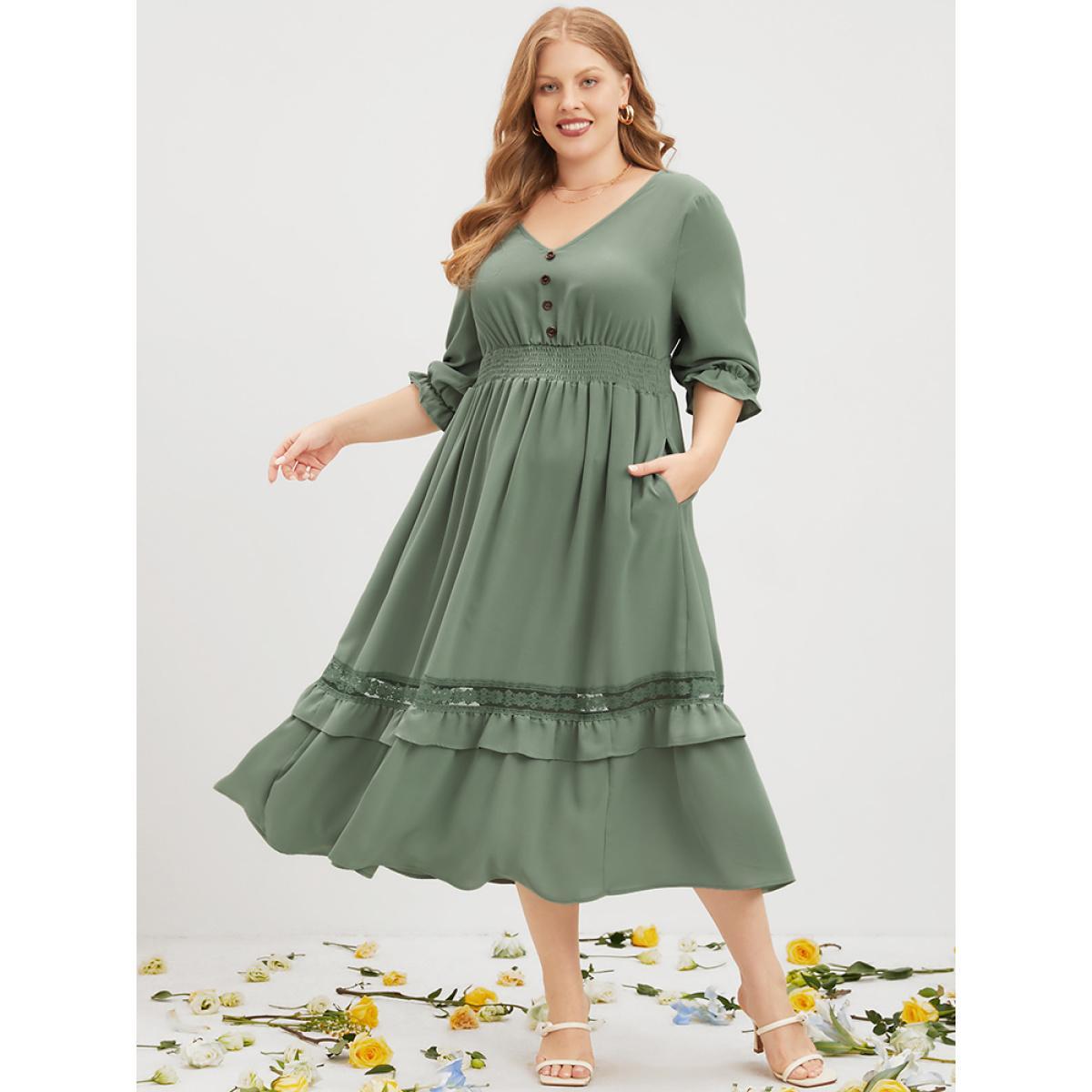 Plus Size Plain Lantern Sleeve Button Detail Pocket Shirred Ruffle Hem Dress Mint Women Elegant Patchwork V-neck Elbow-length sleeve Curvy Midi Dress BloomChic 10/M Product Image
