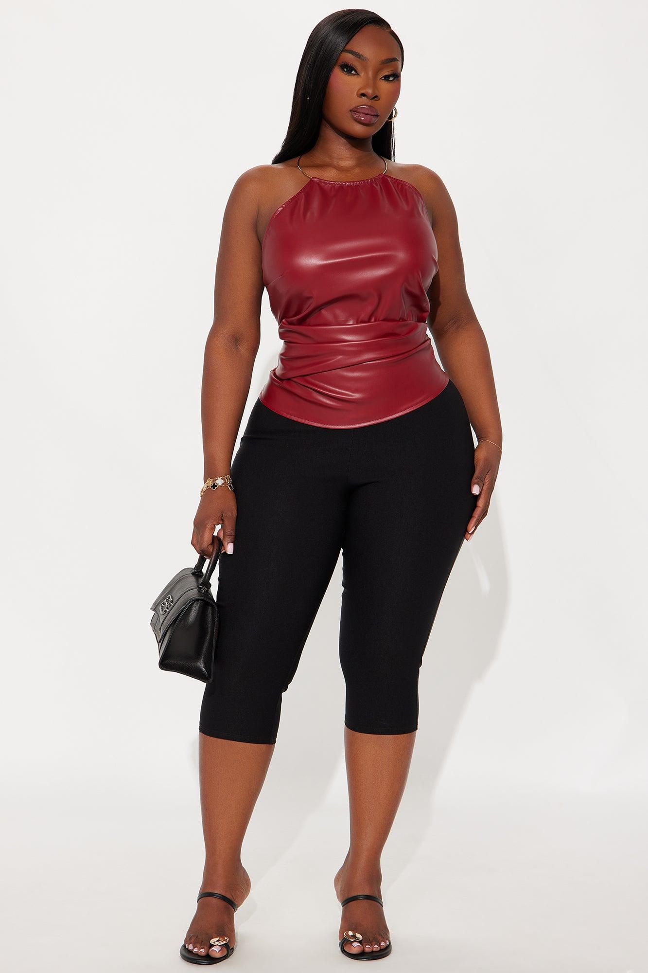 Don't Care Faux Leather Halter Top - Burgundy Product Image