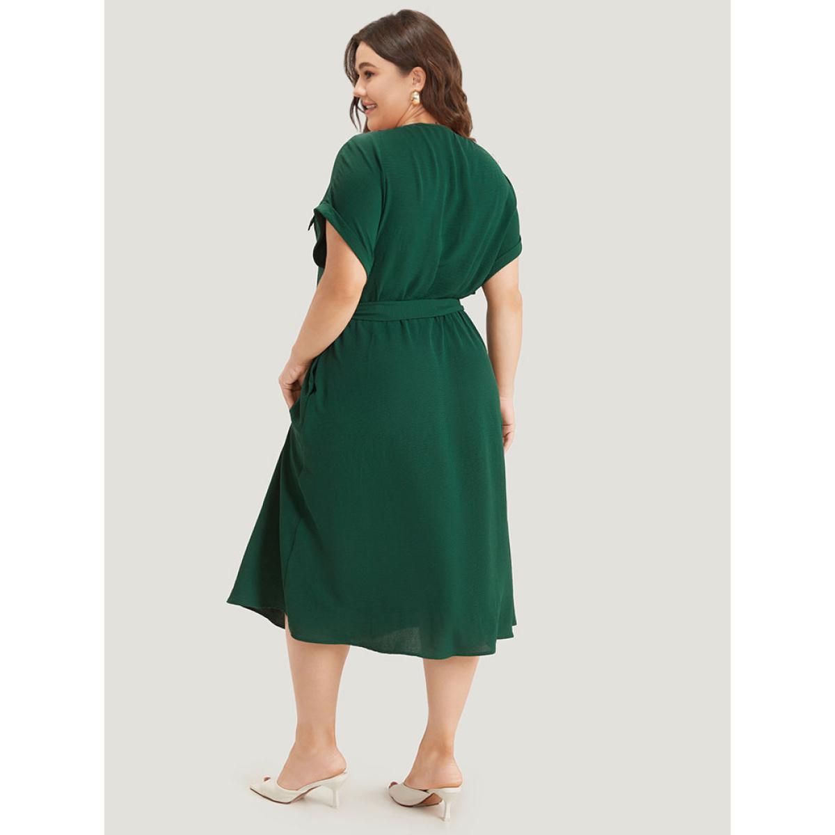 Plus Size Plain Zipper Pocket Button Detail Belted Roll Dress DarkGreen Women Office Plain Round Neck Short sleeve Curvy Midi Dress BloomChic 12/L Product Image