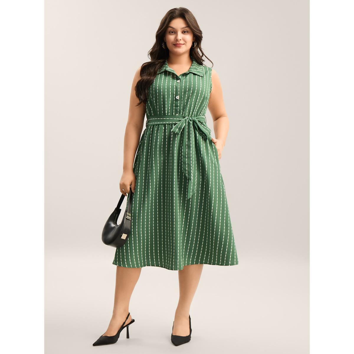 Plus Size Breezy Stripes Belted Pockets Midi Dress Emerald Women Shirt collar Sleeveless Curvy BloomChic 18-20/2X Product Image