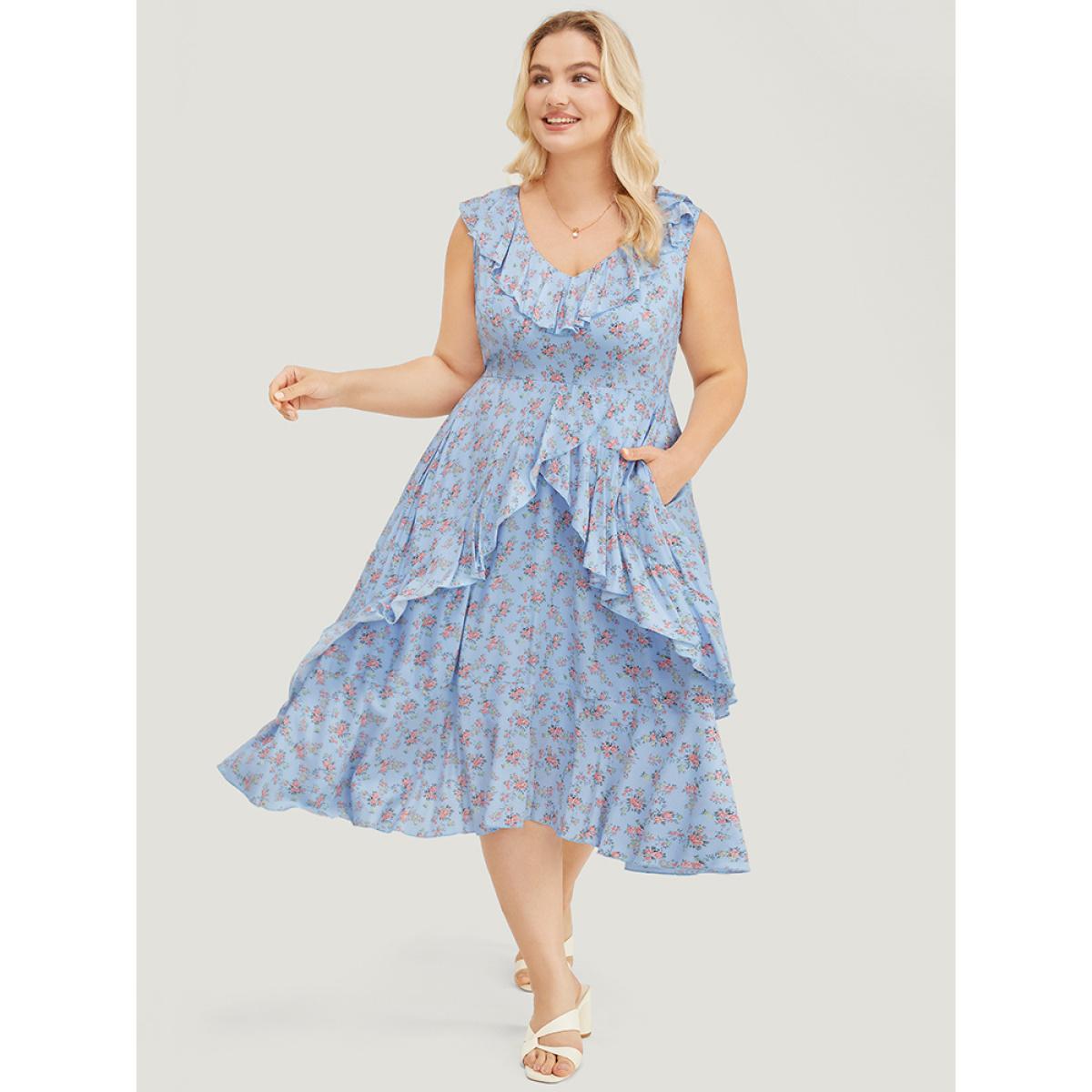 Plus Size Ditsy Floral Ruffle Trim Asymmetrical Hem Pocket Tank Dress LightBlue Women Elegant Elastic Waist V-neck Sleeveless Curvy Midi Dress BloomChic 30/6X Product Image