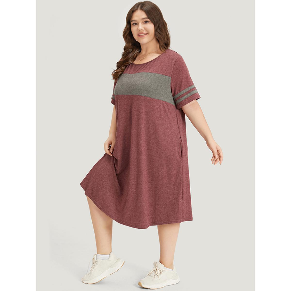 Plus Size Striped Patchwork Pocket Crew Neck Dress Scarlet Women Casual Patchwork Round Neck Short sleeve Curvy Midi Dress BloomChic 10/M Product Image