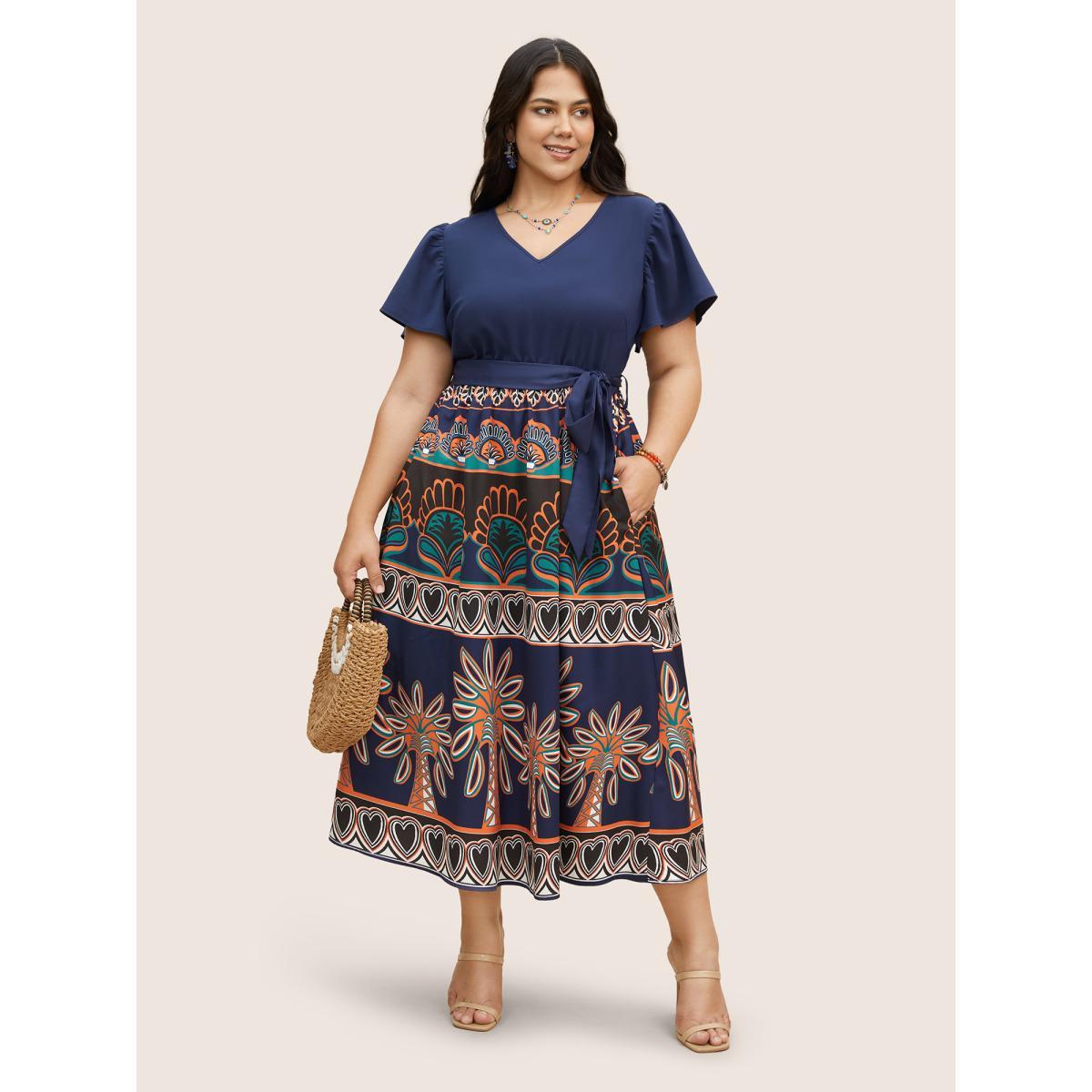 Plus Size Boho Print Patchwork Ruffle Sleeve Dress DarkBlue Women Resort Belted V-neck Short sleeve Curvy BloomChic 18-20/2X Product Image
