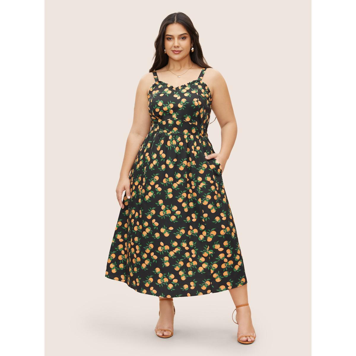 Plus Size Citrus Orange Print Pleated Frill Trim Cami Dress Black Women Elegant Frill Trim Non Sleeveless Curvy Midi Dress BloomChic 18-20/2X Product Image