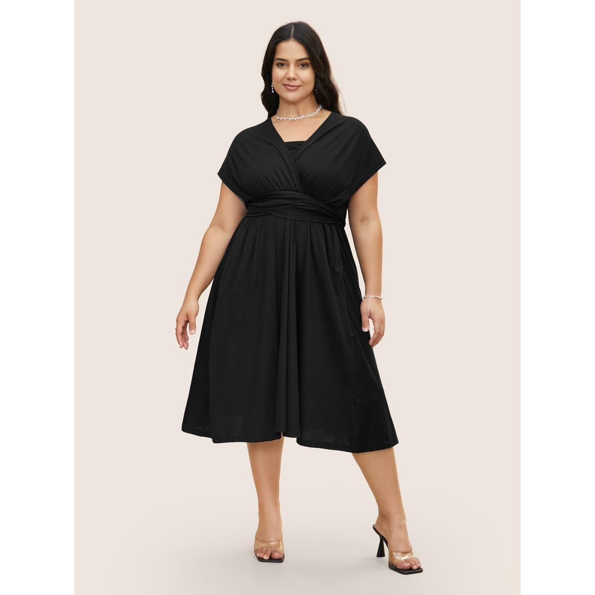 Plus Size Everywhere Dress - Monochromatic V Neck Wrap Dress Black Women Elegant V-neck Sleeveless Curvy BloomChic 22-24/3X Product Image