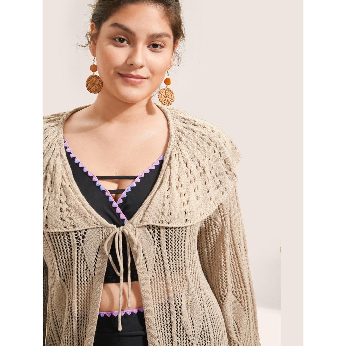 Plus Size Plain Texture Patchwork Cut Out Ties Swim Cover Up Women's Swimwear Apricot Beach Tie knot Curve Swim Cover Ups BloomChic 28/5X Product Image