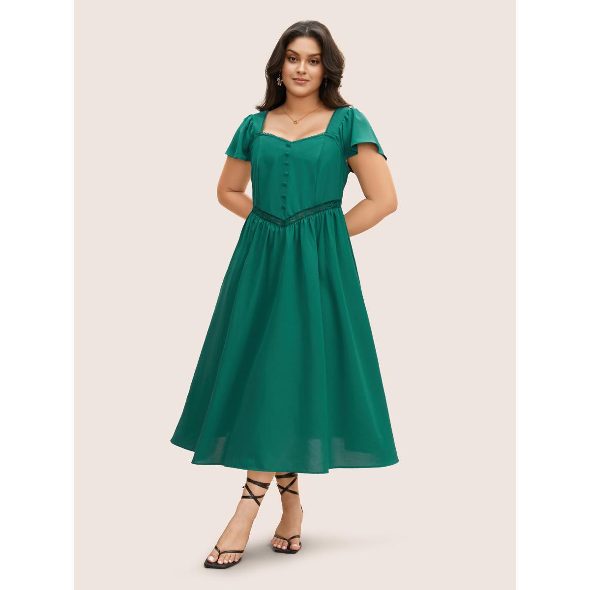 Plus Size Heart Neckline Solid Button Detail Lace Trim Dress Emerald Women Elegant Woven ribbon&lace trim Heart neckline Cap Sleeve Curvy BloomChic 30/6X Product Image