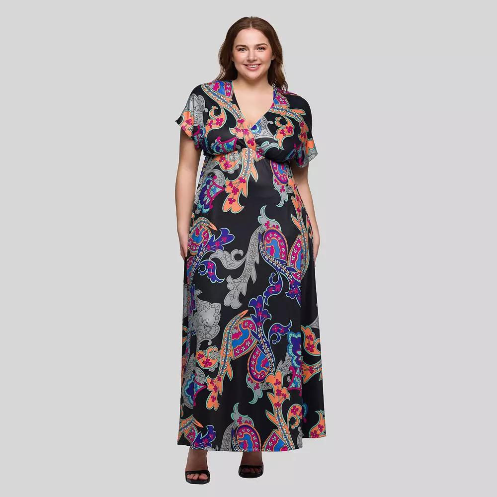 Plus Size 24Seven Comfort Apparel V-Neck Empire Waist Cap Sleeve Maxi Dress, Women's, Size: 2XL, Black Team Product Image