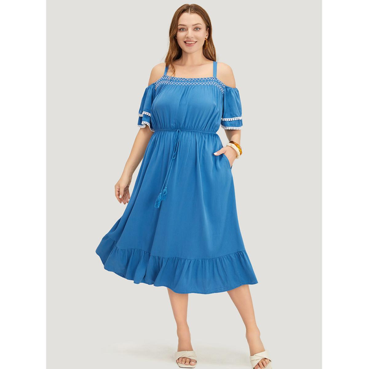Plus Size Solid Tiered Sleeve Pocket Ruffles Cold Shoulder Pompom Trim Dress Cerulean Women Vacation Adjustable Straps Cold Shoulder Short sleeve Curvy Midi Dress BloomChic 26/4X Product Image