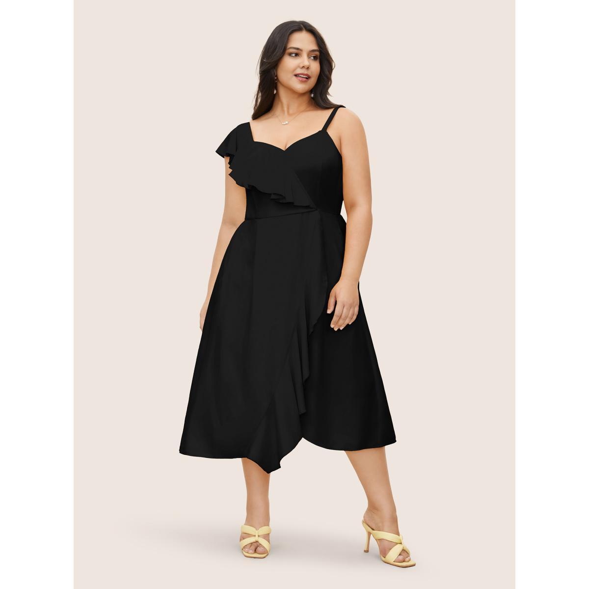 Plus Size Citrus Solid Ruffle Trim Surplice Neck Dress Black Women Elegant Overlapping V-neck Sleeveless Curvy Midi Dress BloomChic 30/6X Product Image