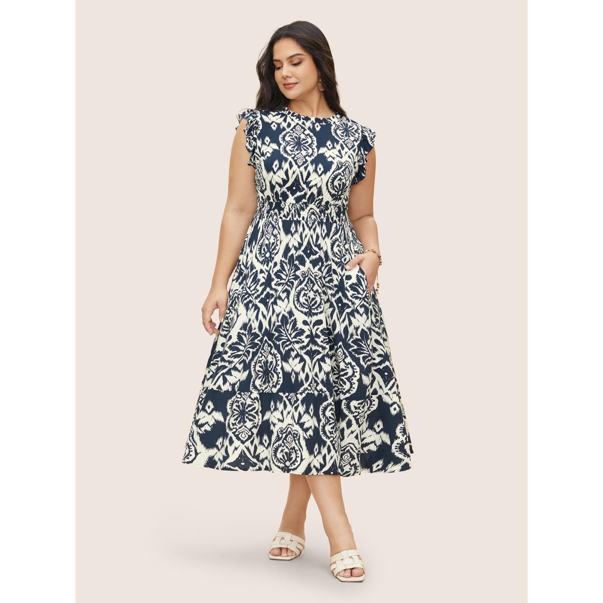 Plus Size Boho Print Mock Neck Shirred Ruffle Cap Sleeve Dress Navy Women Resort Shirred Mock Neck Cap Sleeve Curvy Midi Dress BloomChic 14-16/1X Product Image