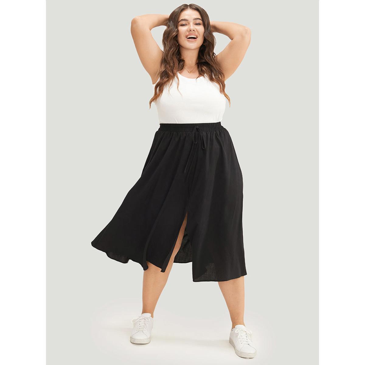 Plus Size Solid Pocket Knot Elastic Waist Split Hem Skirt Women Black Casual Knotted Loose No stretch Pocket Dailywear Skirts BloomChic 26/4X Product Image