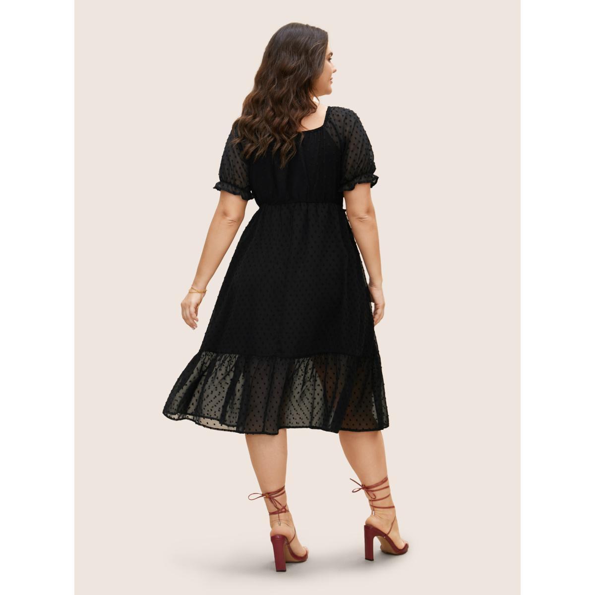 Plus Size Polka Dot Textured Mesh Shirred Drawstring Dress Black Women Elegant Texture V-neck Short sleeve Curvy BloomChic 10/M Product Image