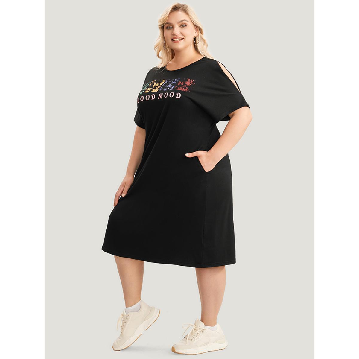 Plus Size Graphic & Letter Print Dolman Sleeve Pocket Cold Shoulder Tee Dress Black Women Casual Printed Curvy Knee Dress BloomChic 30/6X Product Image