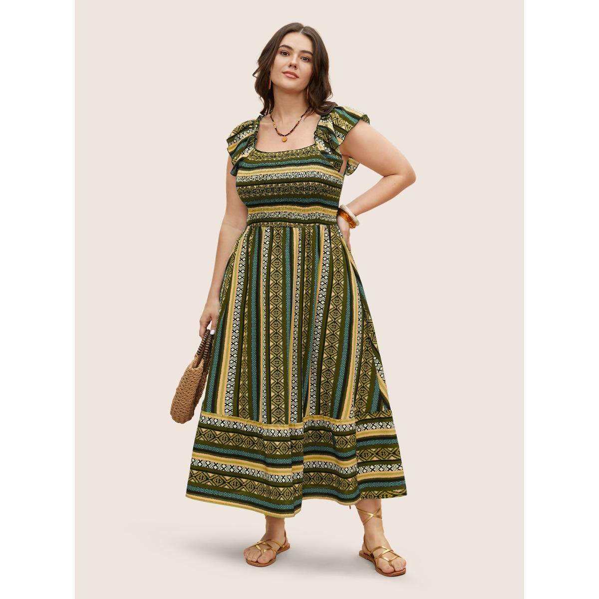 Plus Size Bandana Striped Shirred Ruffle Trim Dress DarkGreen Women Resort Shirred Square Neck Cap Sleeve Curvy BloomChic 28/5X Product Image